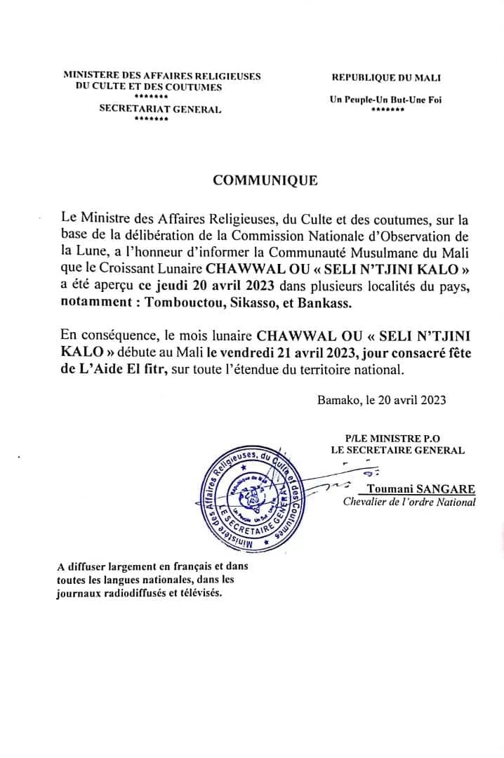 aïd al-fitr chawwal 2023 1444 Mali - calendrier musulman
