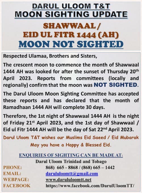 aïd al-fitr chawwal 2023 1444 Trinité-et-Tobago - calendrier musulman