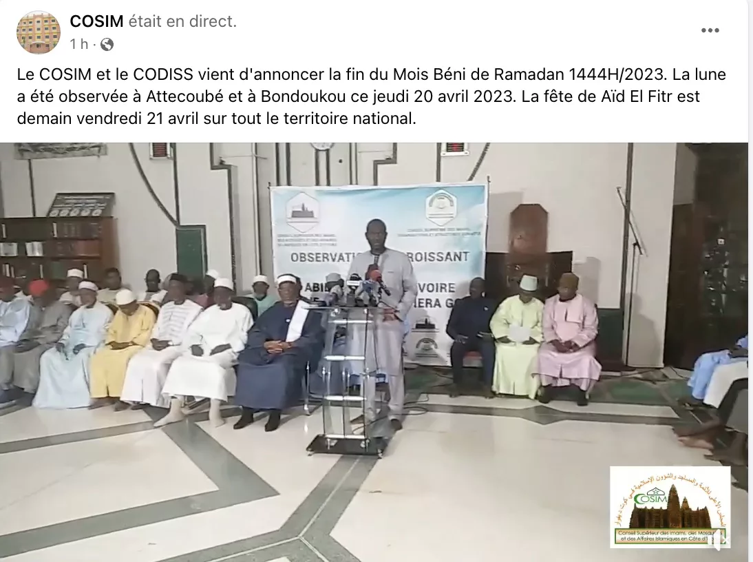 aïd al-fitr chawwal 2023 1444 Côte d'Ivoire - calendrier musulman