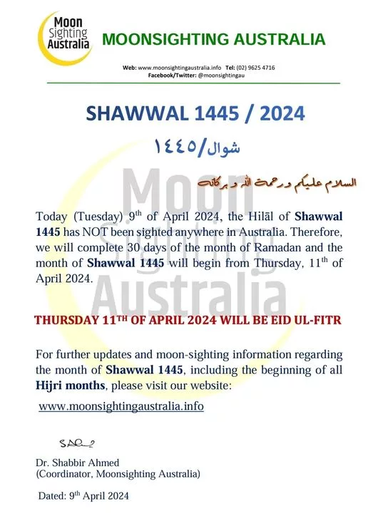 aïd al-fitr chawwal 2024 1445 Australie - calendrier musulman