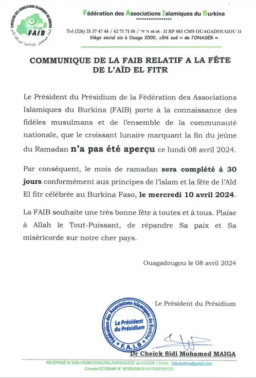 aïd al-fitr chawwal 2024 1445 Burkina Faso - calendrier musulman