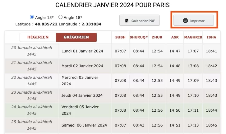 calendrier des horaires de prière Paris - janvier 2024