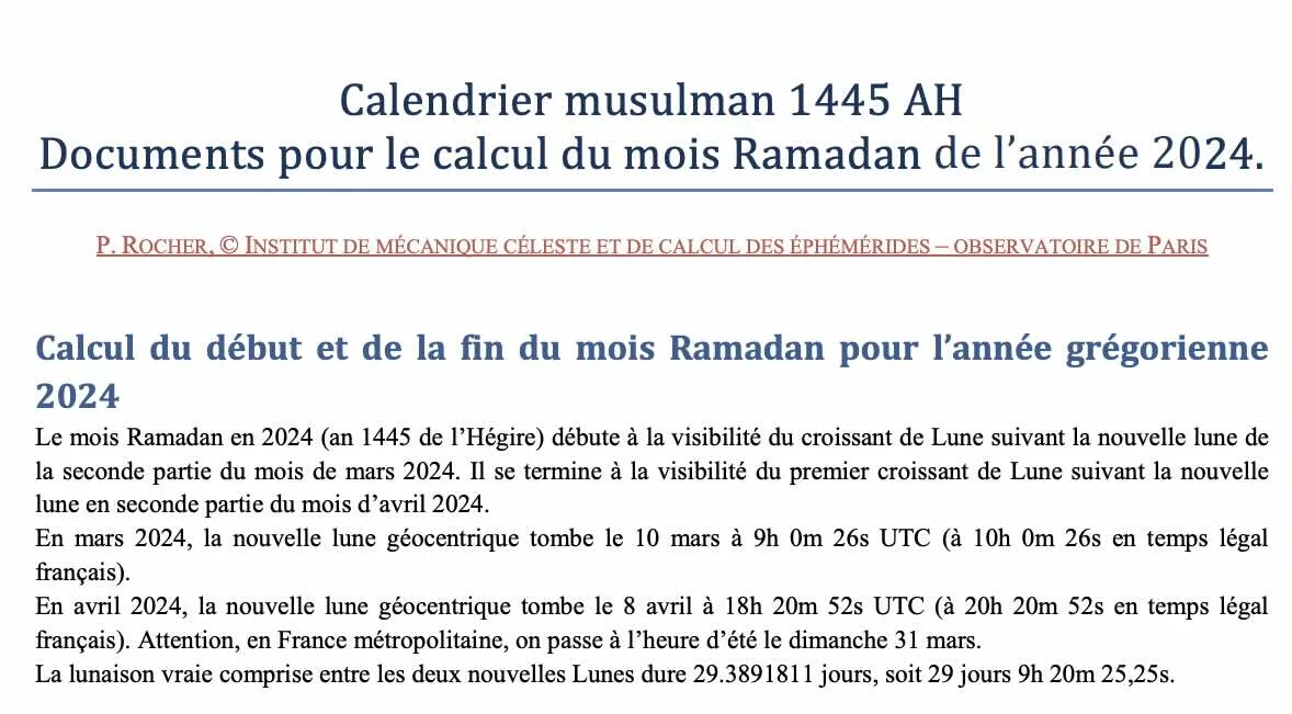 Prévisions astronomiques de Patrick Rocher, astronome de l’Observatoire de Paris, ramadan 2024 - 1445