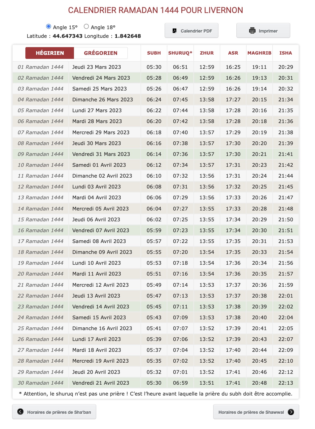 Calendrier Ramadan