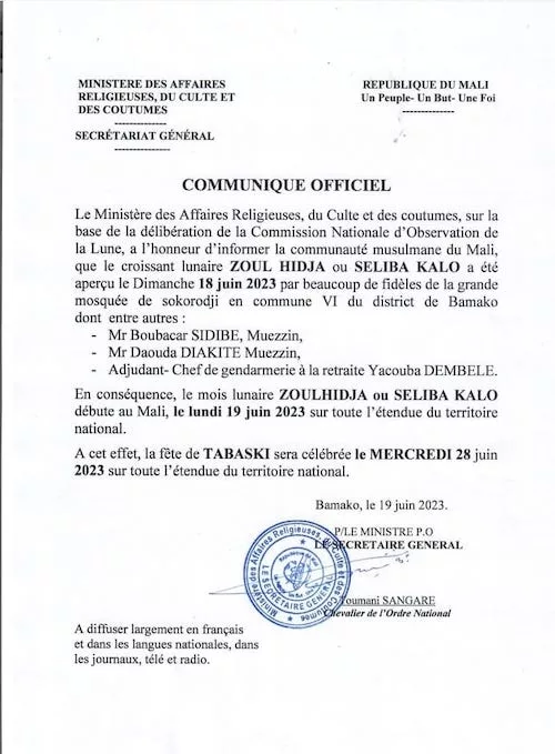 dhu al-hijja 2023 1444 Mali - calendrier musulman