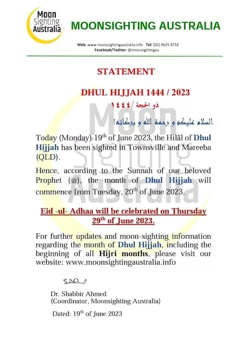 dhu al-hijja 2023 1444 Australie - calendrier musulman