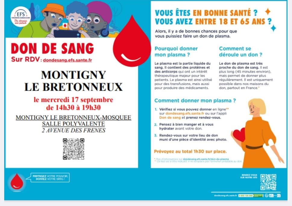 Don du sang mosquée de Montigny-le-Bretogneux vendredi 17 septembre 2025