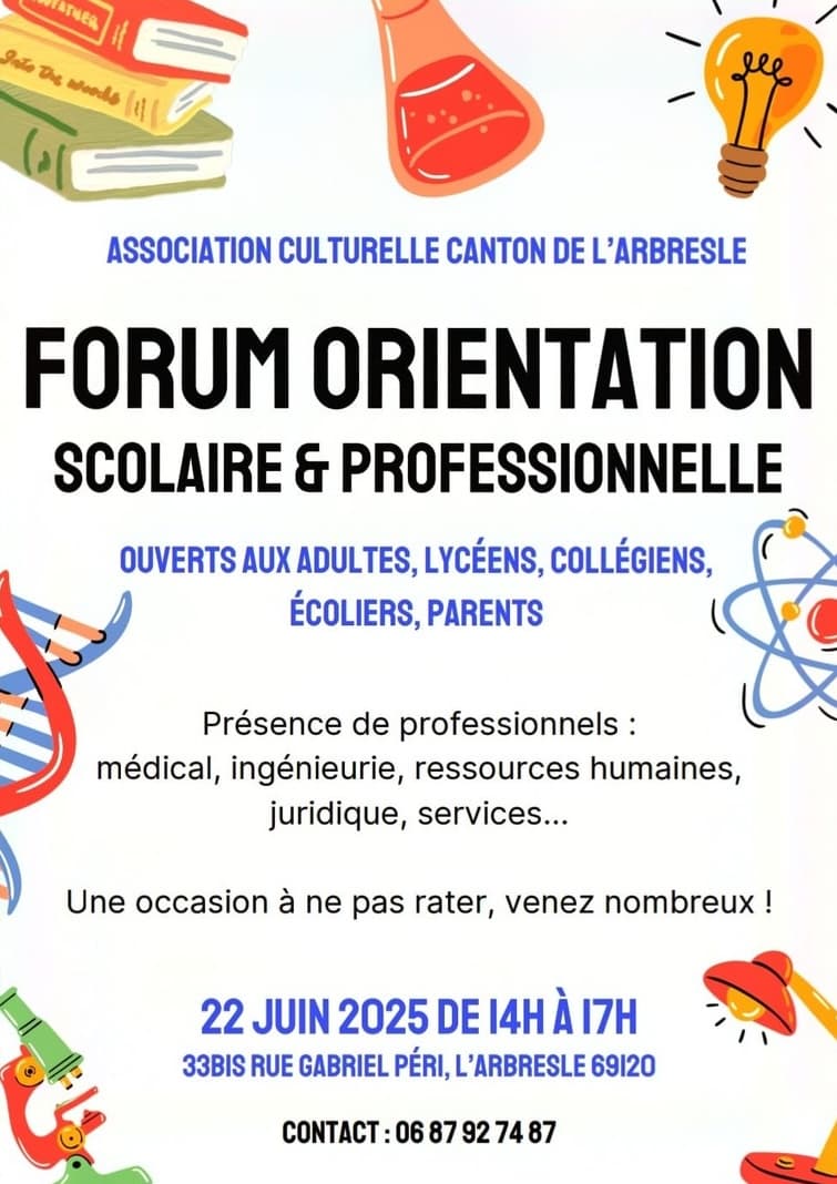 Forum orientation scolaire et professionnelle à L'Arbresle, dimanche 22 juin 2025 Forum orientation scolaire et professionnelle à L'Arbresle, dimanche 22 juin 2025