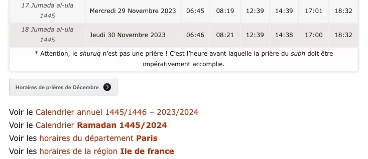 Calendrier annuel - horaires de prière Paris 2024