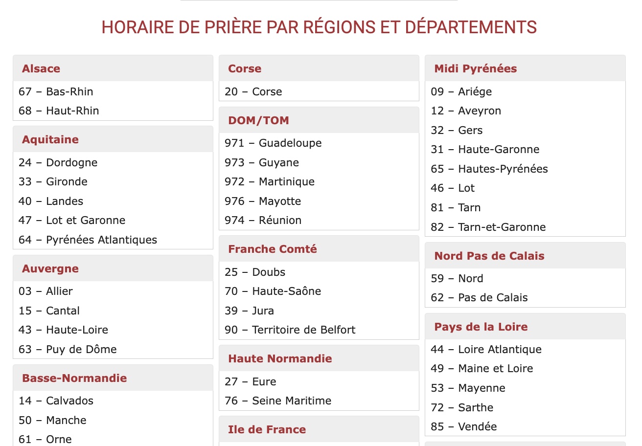 horaires de prière pour la France