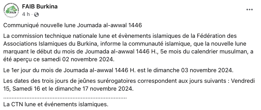 jumada al-awwal 2024 1446 Burkina Faso - calendrier musulman jumada al-awwal 2024 1446 Burkina Faso - calendrier musulman
