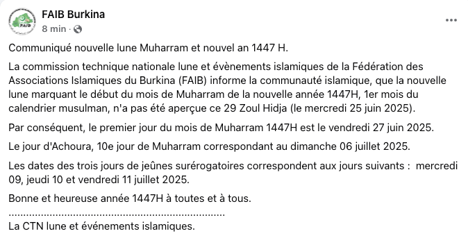 muharram 2025 1447 Burkina Faso - calendrier musulman muharram 2025 1447 Burkina Faso - calendrier musulman