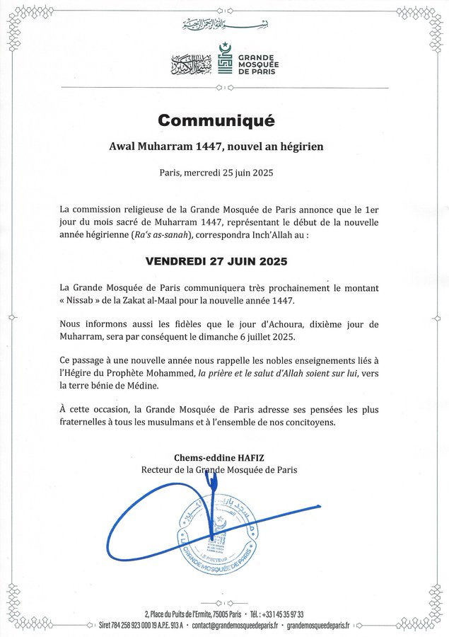 muharram 2025 1447 France - calendrier musulman