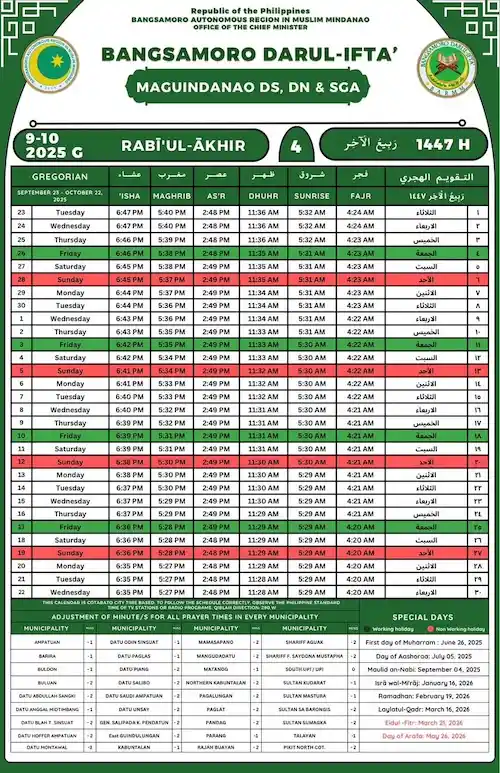 rabi' ath-thani 2025 1447 Philippines - calendrier musulman