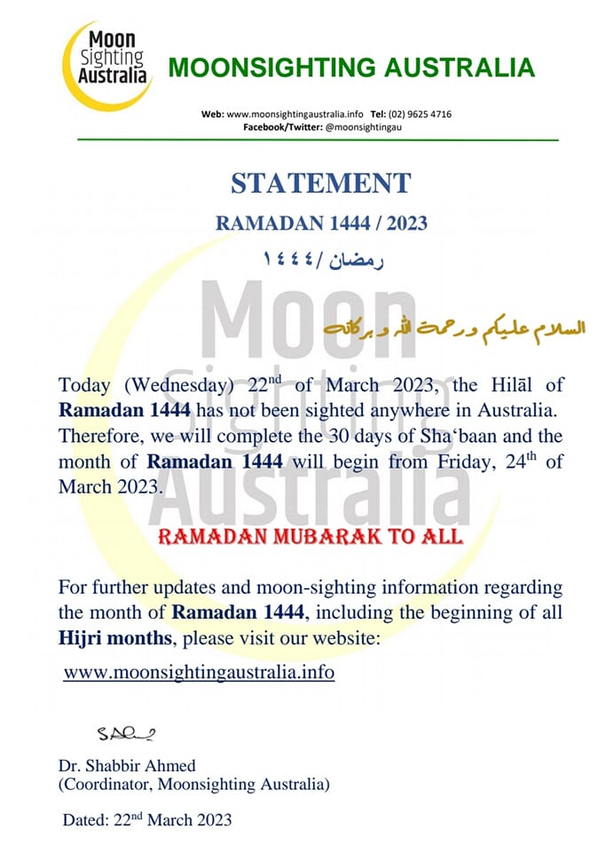 ramadan 2023 1444 Australie - calendrier musulman