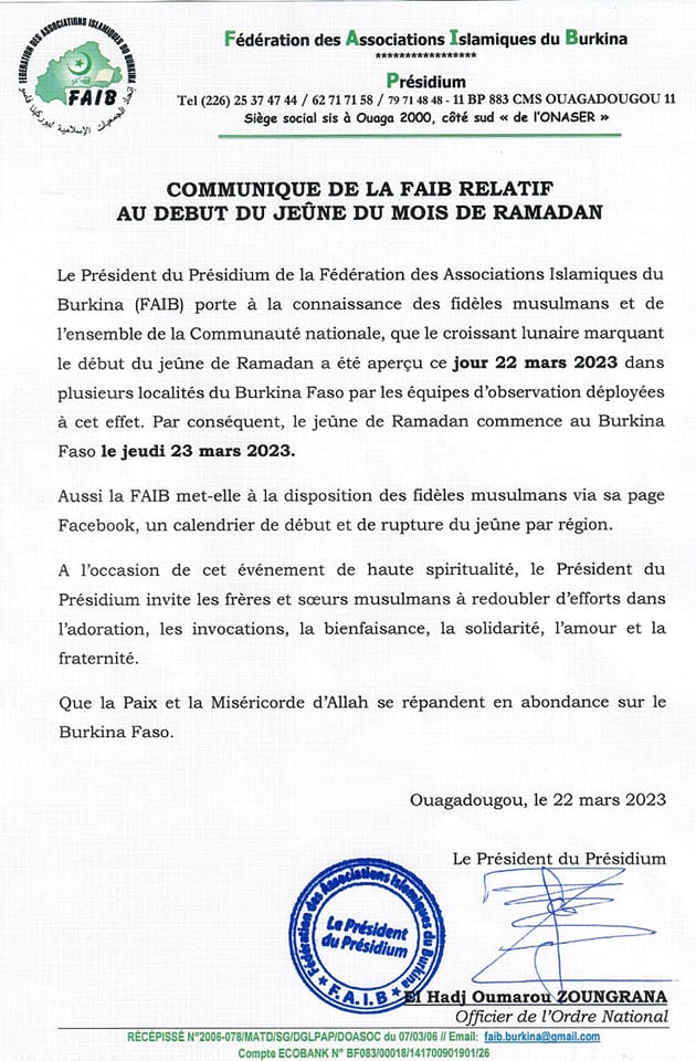ramadan 2023 1444 Burkina Faso - calendrier musulman