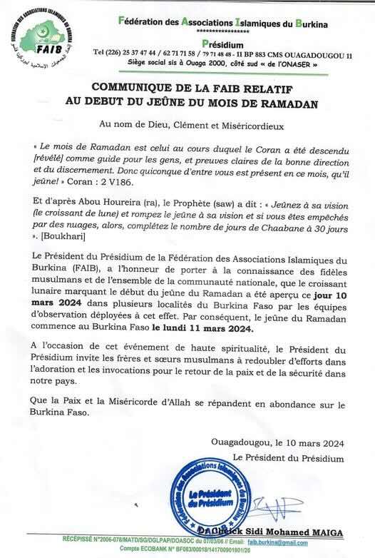 ramadan 2024 1445 Burkina Faso - calendrier musulman