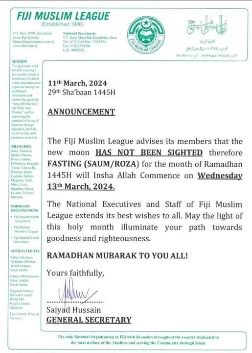 ramadan 2024 1445 Iles Fidji - calendrier musulman