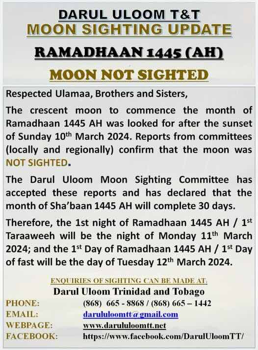 ramadan 2024 1445 Trinité-et-Tobago - calendrier musulman