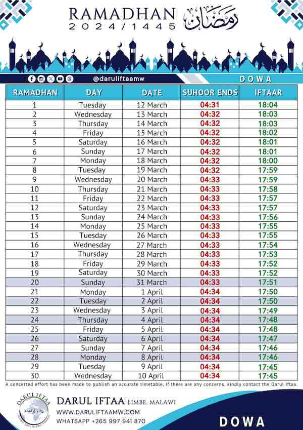 ramadan 2024 1445 Malawi - calendrier musulman