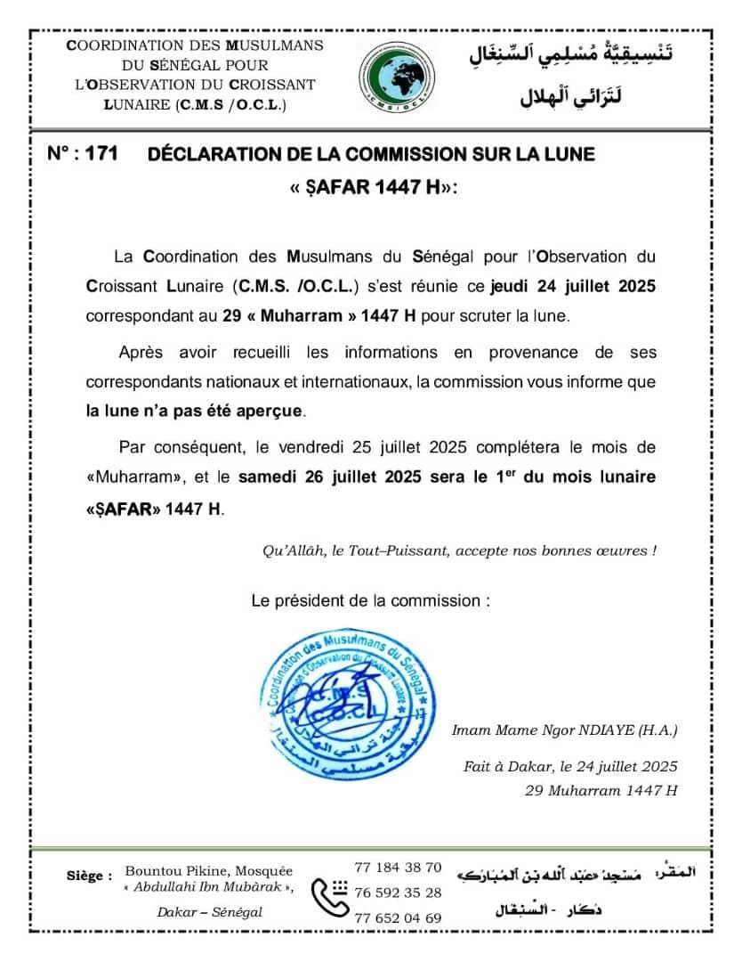 safar 2025 1447  Sénégal - calendrier musulman