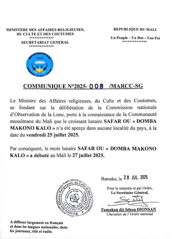 safar 2025 1447 Mali - calendrier musulman